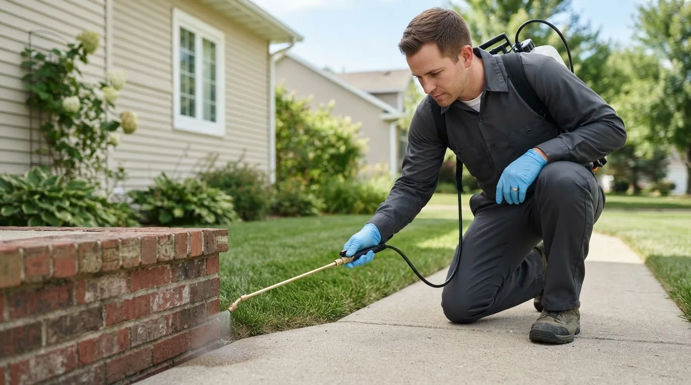 Pest control technician treating a home near Elkin, NC